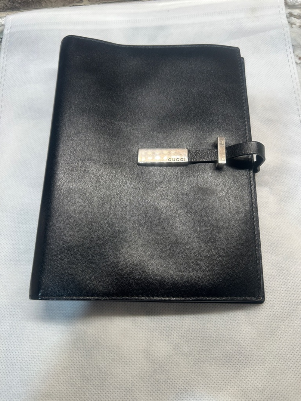 Gucci Black Leather Journal notebook Cover with Silver Logo Strap